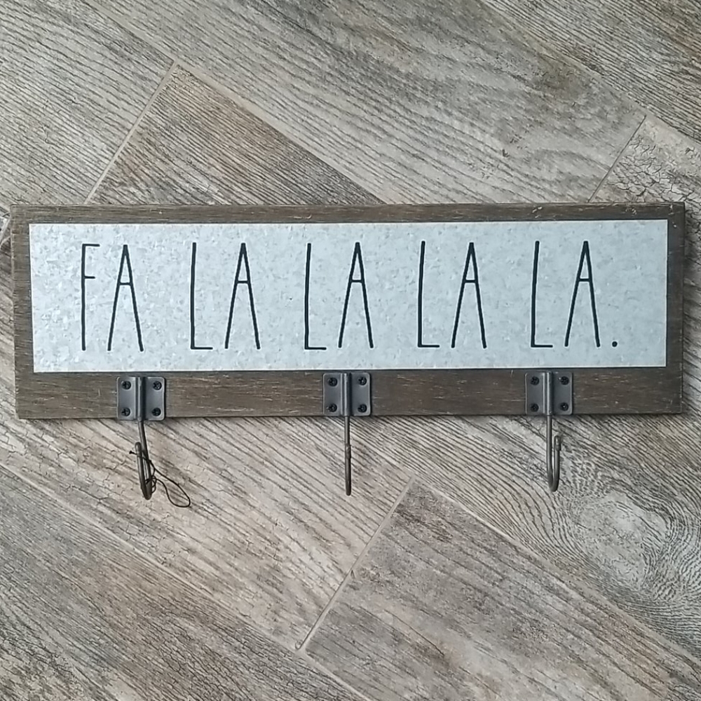 Rae Dunn Christmas FA LA LA LA Hanging 3 Hooks Wall Holiday Decor Metal Wood